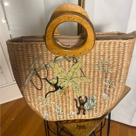 Cappelli Straworld Embroidered Straw Tote Monkey Palm Tropical Beach Bag - Picture 2 of 8